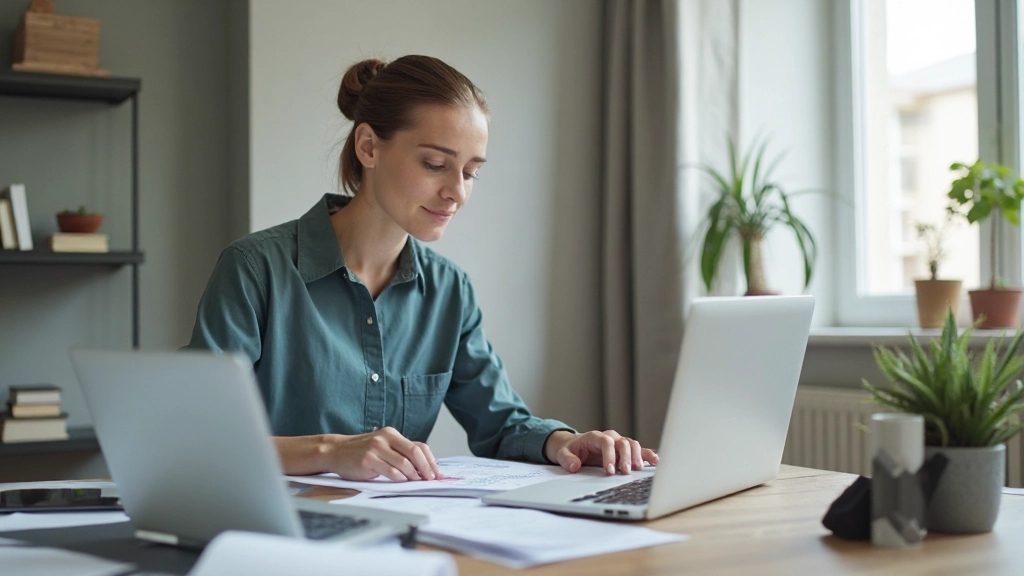Профессиональное рабочее место с документами по управлению финансами, калькулятор и ноутбук с графиками